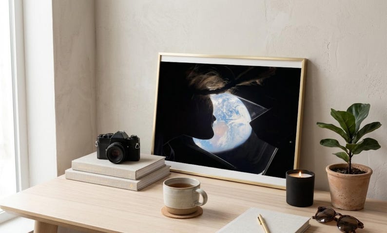 May include: A framed art print featuring a silhouette of a person with the Earth visible through a broken pane of glass. A black camera, books, a mug, a candle, and a plant sit on a wooden desk.