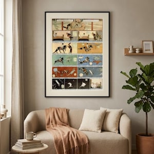 May include: A framed vintage comic strip art print with a black frame. The artwork features a series of illustrated panels with figures and scenes in muted colors. A beige sofa with pillows and a throw is in front of the art.