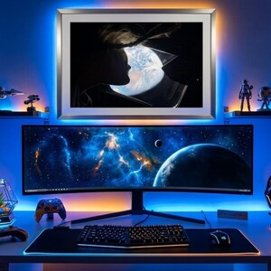 May include: A gaming setup with a curved monitor displaying a space scene. The desk includes a keyboard, mouse, and controllers. Shelves hold figurines and a framed picture. The room is illuminated with blue and orange LED lights.
