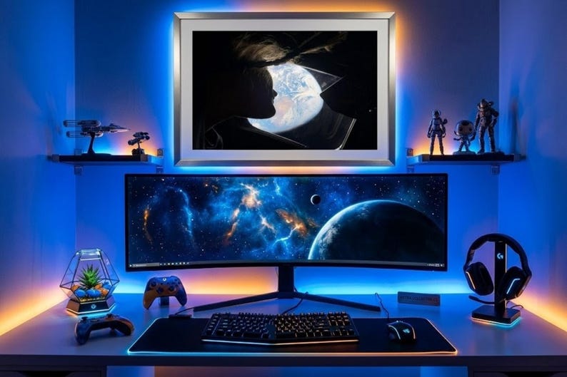 May include: A gaming setup with a curved monitor displaying a space scene. The desk includes a keyboard, mouse, and controllers. Shelves hold figurines and a framed picture. The room is illuminated with blue and orange LED lights.