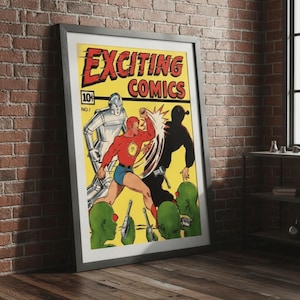 May include: Framed vintage comic book cover titled "Exciting Comics" featuring a superhero in red and blue fighting a shadowy figure. The artwork has a retro style with bold colours and a yellow background. The frame is grey.