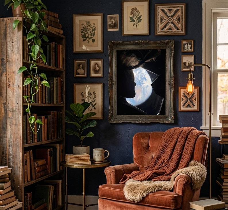 May include: A cozy reading nook with a dark blue wall, a wooden bookshelf, and a rust-colored armchair. The wall is adorned with framed botanical prints and a large framed artwork. A warm blanket and a faux fur throw are draped over the chair.