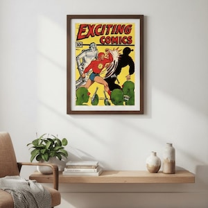 May include: Framed vintage comic book cover art. The cover features the title "EXCITING COMICS" in yellow and red, with a superhero punching a shadowy figure. The artwork has a retro style, with a yellow background and green alien figures.