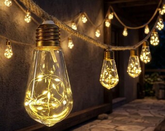 Guirnalda de luces solares de cáñamo / Iluminación exterior impermeable tipo festón (6 m y 10 m)