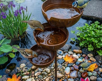 Rustic Metal Rain Catcher Garden |  Fountain Stake with Three Bowls | Pollinator Water Feature | Bird Bowl