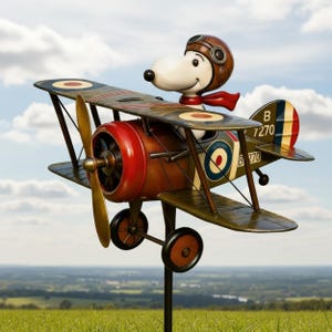 Dwupłatowy wiatrak Flying Ace of the Dog | Metalowy wiatrak ogrodowy | Dekoracja trawnika | Oryginalne dzieło sztuki na patio