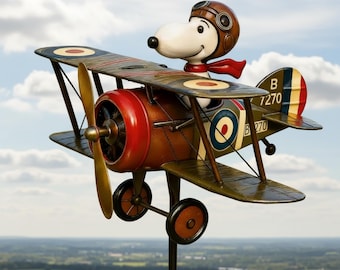 Moulin à vent biplan Flying Ace of the Dog | Moulin à vent de jardin en métal | Décoration de pelouse extérieure | Oeuvre d'art originale pour la terrasse