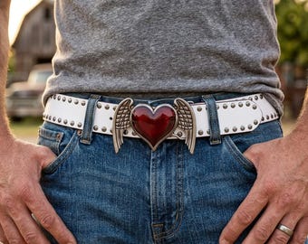 Gothic Leather Belt | Pink Heart Accent Waist Belt | Alternative Fashion Accessory | Dark Romantic Style Belt