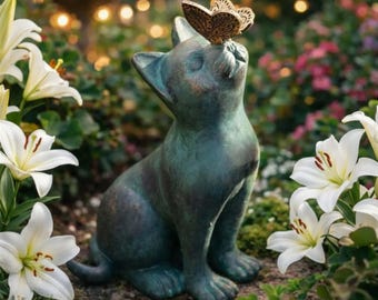 Cat & Butterfly Garden Statue |  Resin Outdoor Cat Decor |  Cute Garden Ornament for Yard | Cat Lover Gift | Outdoor Sculpture