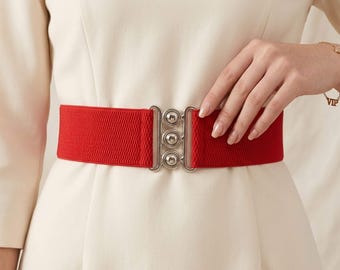 Women’s Wide Elastic Waist Belt | Silver Buckle Stretch Cinch Belt | Vintage Nurse Style Waistband | Black White Red Belt