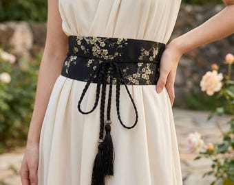 Floral Obi Corset Belt | Kimono Fabric Wrap Waistband | Hanfu Inspired Wide Waist Belt for Dresses | Tassel Tie Sash