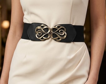 Wide Elastic Waist Belt | Vintage Statement Buckle Belt | Stretch Cincher Belt for Dresses | Elegant Fashion Accessory
