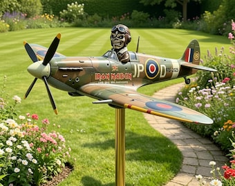 Airplane Wind Spinner Garden Decor | Vintage Fighter Aircraft Windmill | Metal Kinetic Yard Art