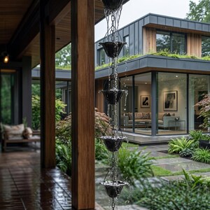 Puede incluir: El exterior de una casa moderna presenta una cadena de lluvia con agua en cascada. La cadena está compuesta por copas negras en forma de campana unidas entre sí. La casa tiene un techo gris, detalles de madera y grandes ventanas.