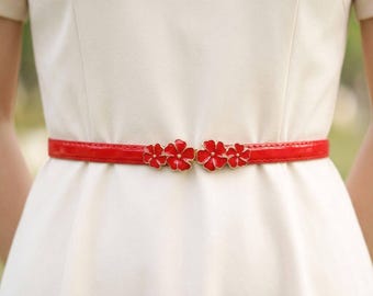 Skinny Patent Flower Waist Belt | Adjustable Faux Leather Dress Belt | Floral Buckle Accessory for Women