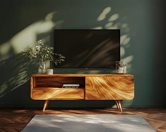 Stojak pod telewizor w stylu Mid Century Modern | Centrum multimedialne z litego drewna