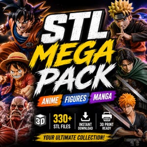 Puede incluir: Una colección digital de más de 330 archivos STL imprimibles en 3D con varios personajes de anime, incluidos Goku, Naruto, Luffy, Levi e Ichigo. El gráfico incluye el texto STL MEGA PACK, ANIME FIGURES MANGA y YOUR ULTIMATE COLLECTION.