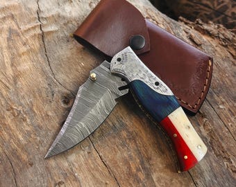 Custom Engraved Damascus Knife | Personalized Pocket Knife for Men | Handmade Fishing Knife with Sheath | 10th Anniversary Gift for Him