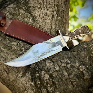 Puede incluir: Un cuchillo de caza grande y pulido con una hoja plateada y un mango de asta texturizado. El cuchillo descansa sobre una rama de árbol junto a una funda de cuero marrón. La hoja refleja el entorno.