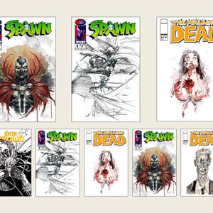 Puede incluir: Colección de portadas de cómics con "Spawn" y "The Walking Dead". Los cómics de "Spawn" muestran al personaje en varios estilos artísticos, incluyendo bocetos en color y blanco y negro. Las portadas de "The Walking Dead" representan personajes zombis.