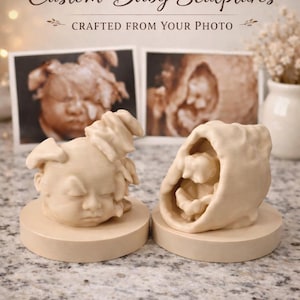 May include: Two beige custom baby sculptures, crafted from a photo, are displayed. The sculptures show a baby's face and a baby in a womb. The text "Custom Baby Sculptures" and "Crafted From Your Photo" are at the top of the image.
