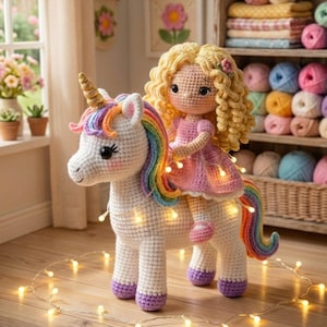 Puede incluir: Unicornio de ganchillo hecho a mano con melena y cola de arcoíris, y cuerno dorado. Una muñeca de ganchillo con un vestido rosa monta el unicornio. El unicornio está decorado con luces de hadas. El fondo incluye hilo y objetos decorativos.