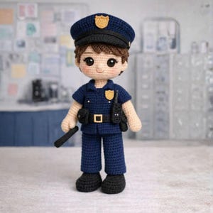 以下が含まれることがあります： 警察官の姿をした手作りのかぎ針編み人形。人形は濃紺の制服、金色のバッジが付いた帽子、黒いブーツを着用しています。黒い警棒を持ち、無線機付きのユーティリティベルトが付いています。人形は茶色の髪と笑顔の顔をしています。