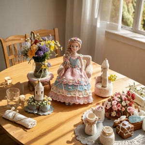 Puede incluir: Una muñeca de ganchillo hecha a mano, con una larga trenza rubia, vestida con un vestido rosa y azul, sentada en una silla de ganchillo. La muñeca está rodeada de otros artículos de ganchillo, todo sobre una mesa de madera.