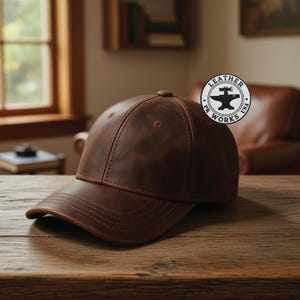 Könnte beinhalten: Braune Baseballkappe aus Leder mit gebogenem Schirm. Die Kappe hat ein genähtes Design und einen kleinen Knopf oben. Die Kappe liegt auf einer Holzoberfläche. Das Logo lautet "Leather Works USA".