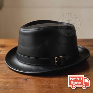 Distressed Red Leather Fedora Hat with Buckle, Vintage Style Leather Pork Pie Hat Black