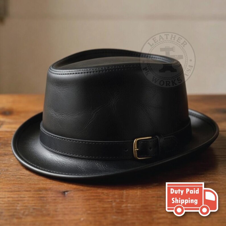 Distressed Red Leather Fedora Hat with Buckle, Vintage Style Leather Pork Pie Hat Black