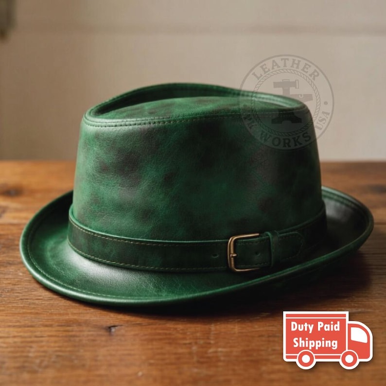 Distressed Red Leather Fedora Hat with Buckle, Vintage Style Leather Pork Pie Hat Green