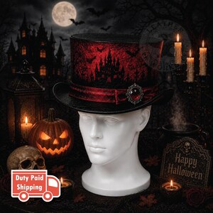 Chapeau haut-de-forme gothique de château de vampire pour Halloween, chapeau rouge foncé de chapelier fou de manoir hanté, chapeau en cuir noir cramoisi
