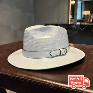 White Crocodile Embossed Leather Cowboy Hat, Western Alligator Leather Fedora Hat