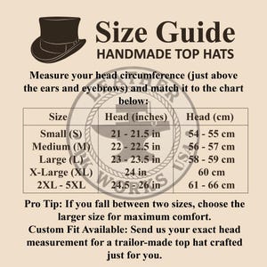 May include: A size guide chart for handmade top hats with a brown top hat icon. The table lists sizes from Small to 5XL with corresponding head measurements in inches and centimeters. It includes instructions to measure head circumference and a note about custom fits.