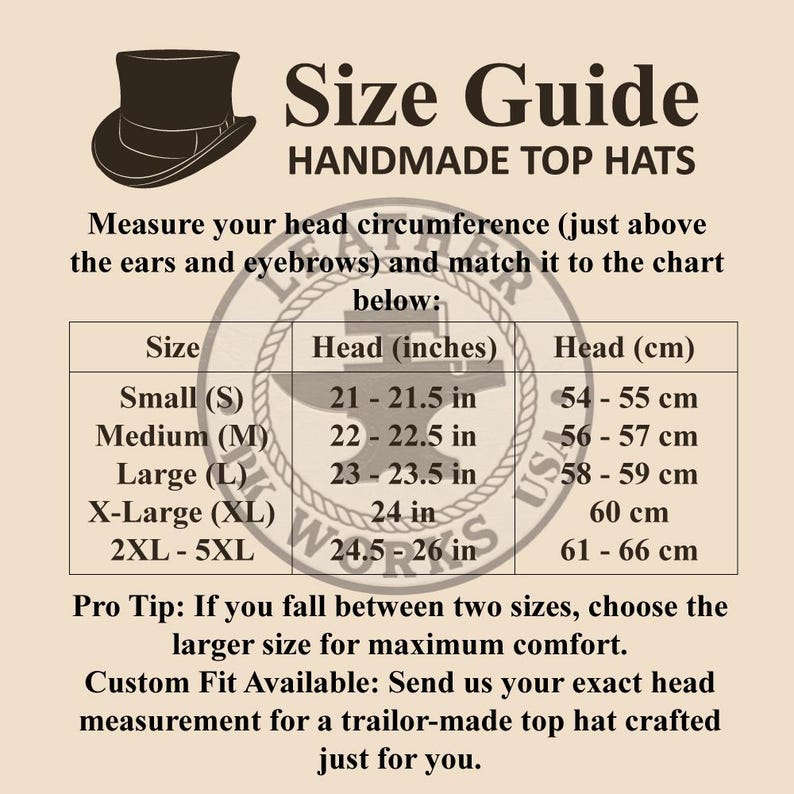 May include: A size guide chart for handmade top hats with a brown top hat icon. The table lists sizes from Small to 5XL with corresponding head measurements in inches and centimeters. It includes instructions to measure head circumference and a note about custom fits.