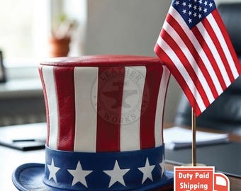 Patriotic Leather Top Hat | Uncle Sam USA Costume, Red White Blue Stars
