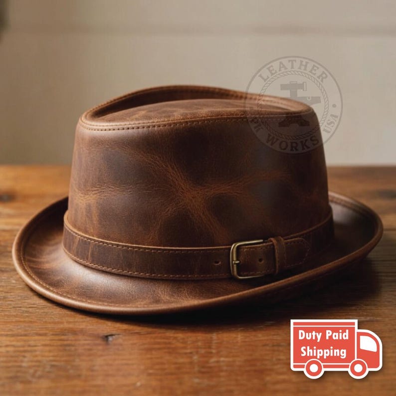 Distressed Red Leather Fedora Hat with Buckle, Vintage Style Leather Pork Pie Hat Brown