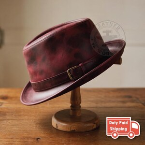 Distressed Red Leather Fedora Hat with Buckle, Vintage Style Leather Pork Pie Hat image 2