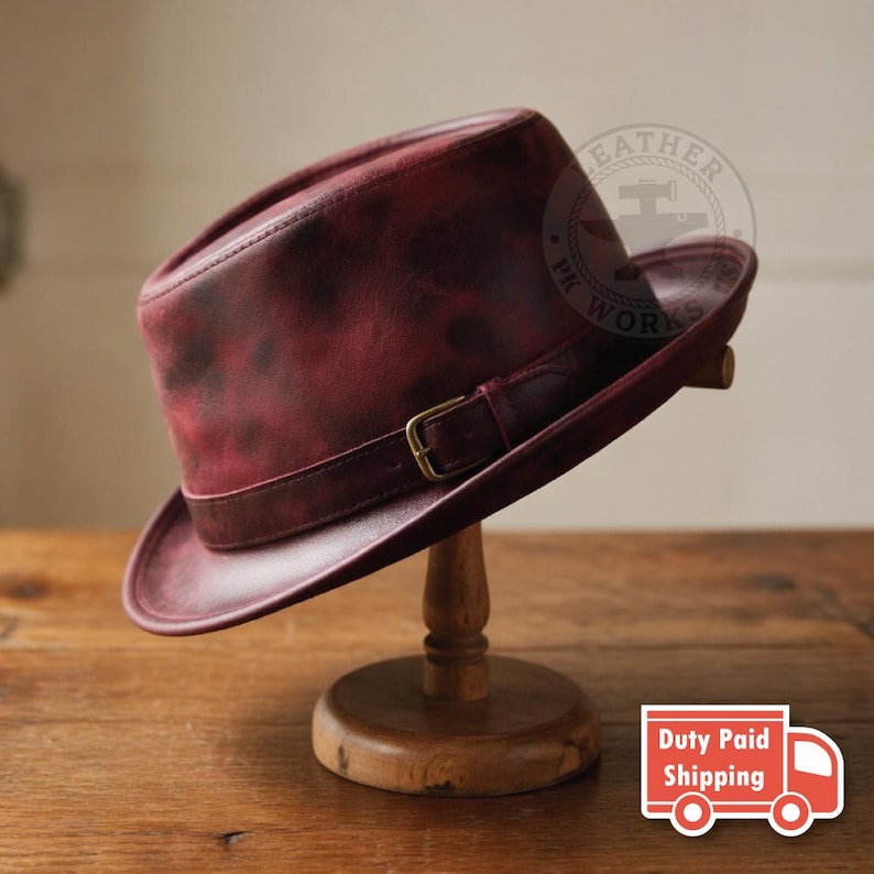 Distressed Red Leather Fedora Hat with Buckle, Vintage Style Leather Pork Pie Hat image 2