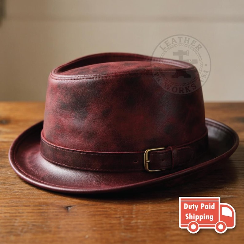 Distressed Red Leather Fedora Hat with Buckle, Vintage Style Leather Pork Pie Hat Burgundy