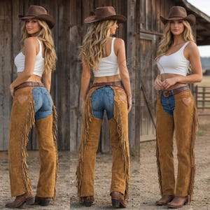 Peut inclure: Un débardeur blanc, un jean bleu et des jambières en daim marron avec de longues franges et des découpes en forme de cœur sur le haut des cuisses. La tenue est complétée par un chapeau de cowboy marron et des bottes en cuir marron.