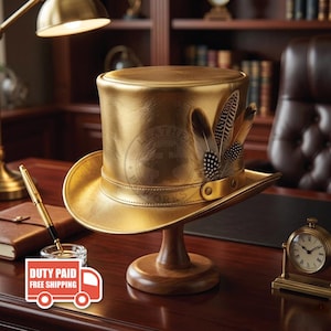 Golden Leather Steampunk Top Hat – Metallic Gothic Victorian Feathers
