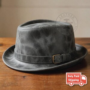 Distressed Red Leather Fedora Hat with Buckle, Vintage Style Leather Pork Pie Hat Grey