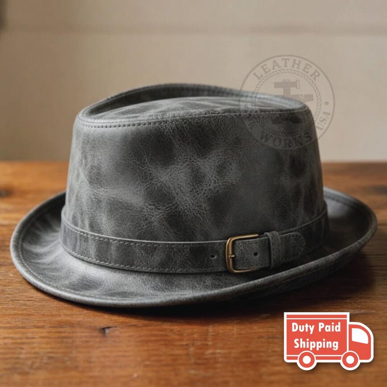 Distressed Red Leather Fedora Hat with Buckle, Vintage Style Leather Pork Pie Hat Grey