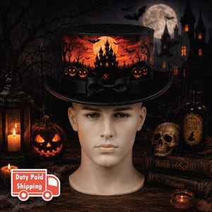 Chapeau haut-de-forme d'Halloween avec citrouille effrayante, chapeau de Chapelier fou du château de la pleine lune orange, chapeau de citrouille en cuir noir