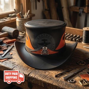 Chapeau haut de forme en cuir orange flamme | Chapeau haut de forme crâne de motard | Chapeau de cowboy gothique fait main | Chapeau de cosplay rocker hot rod | Équipement du festival des renégats