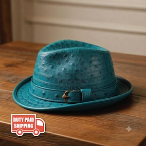Brown Ostrich Embossed Leather Fedora Hat Stylish Men’s Vintage Wide Brim Teal