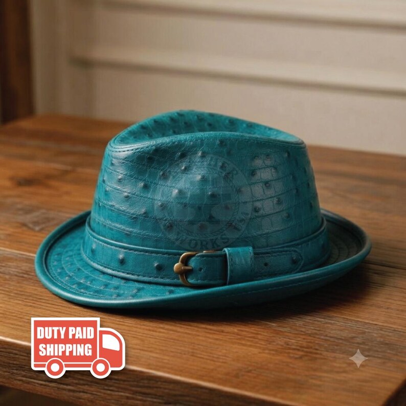Brown Ostrich Embossed Leather Fedora Hat Stylish Men’s Vintage Wide Brim Teal