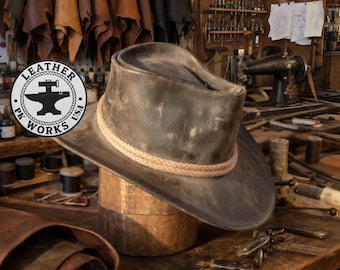 Arthur Morgan Grey Genuine Leather Western Slouch Hat, Distressed Gambler Crown, Cosplay Accessory